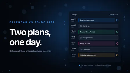 Set cover: Two plans, one day, with a timeline of tasks flowing around fixed calendar events