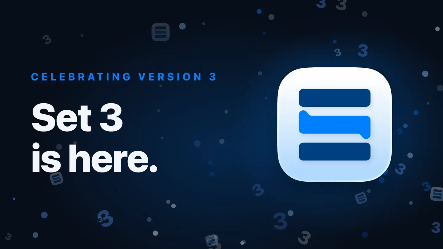 Set 3 is here: the Set app icon surrounded by blue confetti and 3s