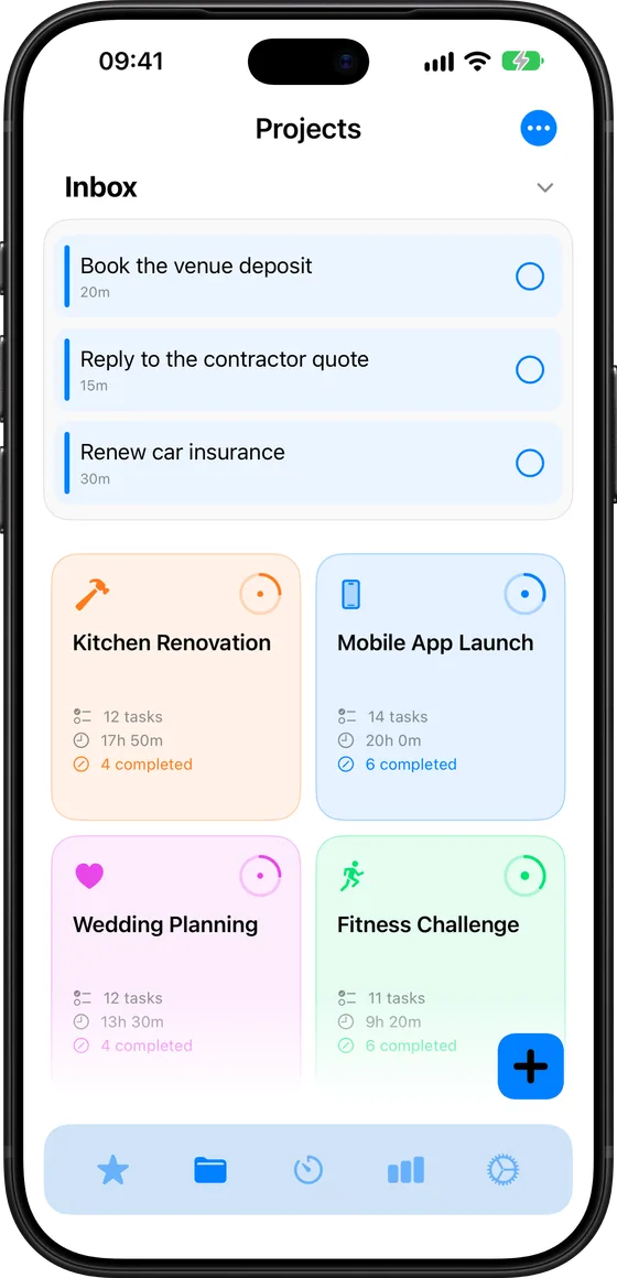 Projects in Set, with an Inbox and a grid of colourful projects