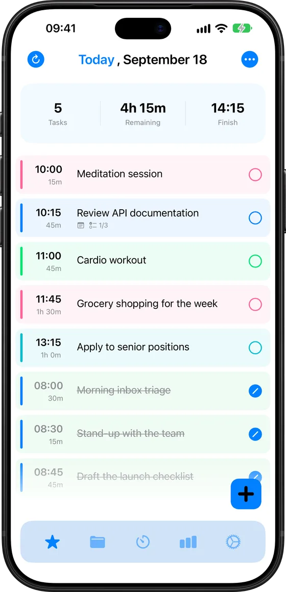 Today in Set on iPhone: every task with its start time and the day's finish time
